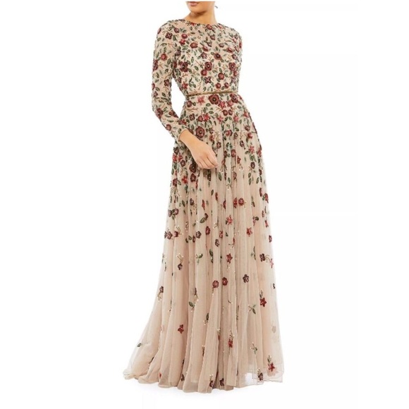 Mac Duggal 5533 Floral APPLIQUÉ Long Sleeve Illusion Gown Sz 6 NEW - Picture 2 of 8